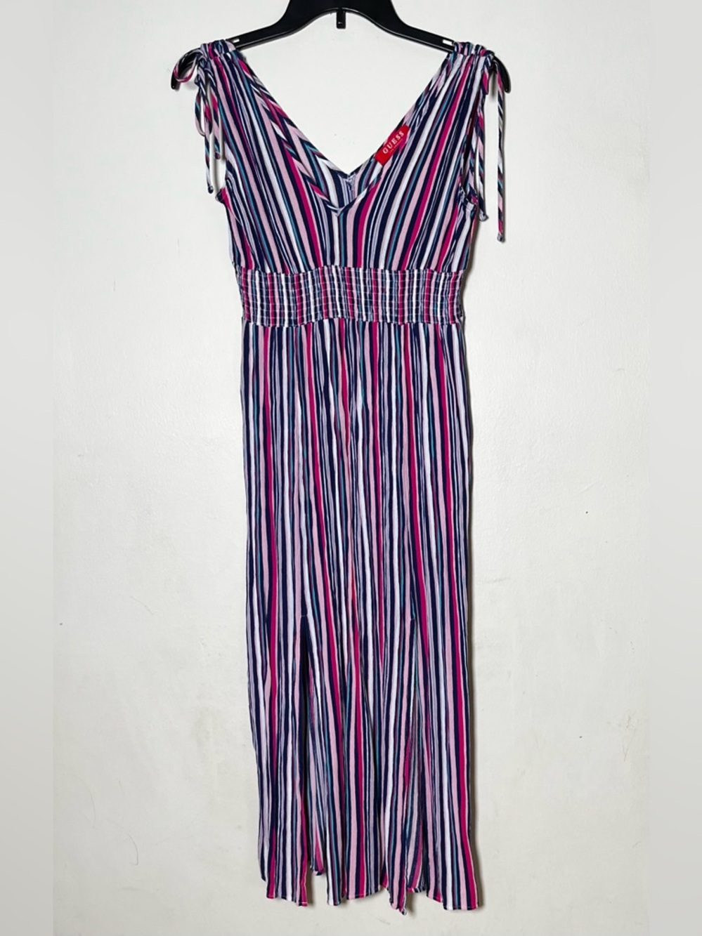 Guess Pink, Navy & White Striped Maxi Dress with Tie Straps